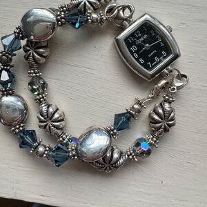 Geneva Silver and Blue Beaded Bracelet Watch
